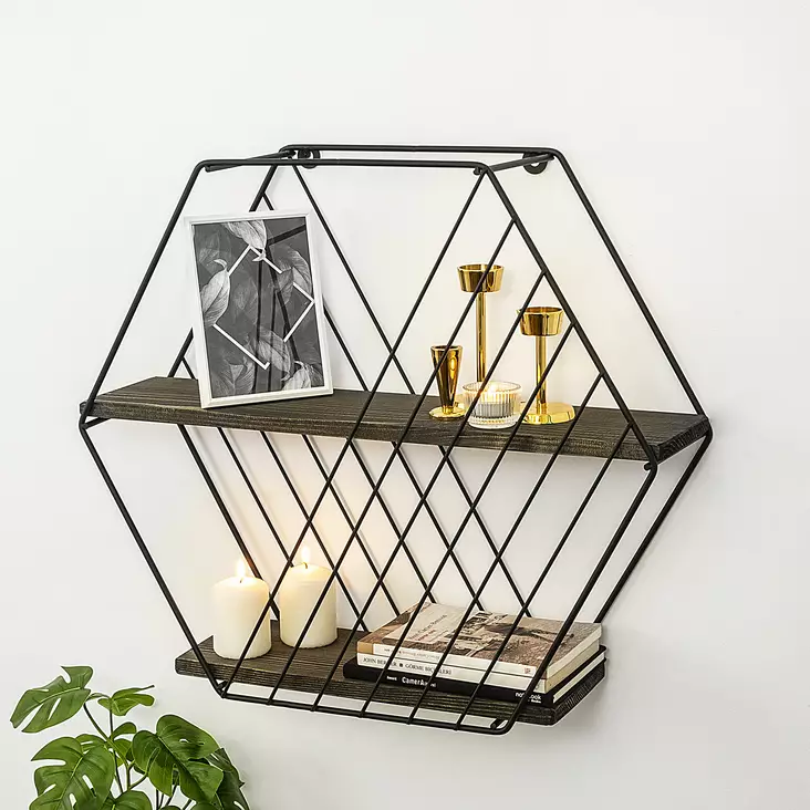 Vägghylla Hanah Home Anemone Vulgaris Svart Valnöt Trä Metall 60x52x15 cm - Vägghyllor - 8683342203593 - 1