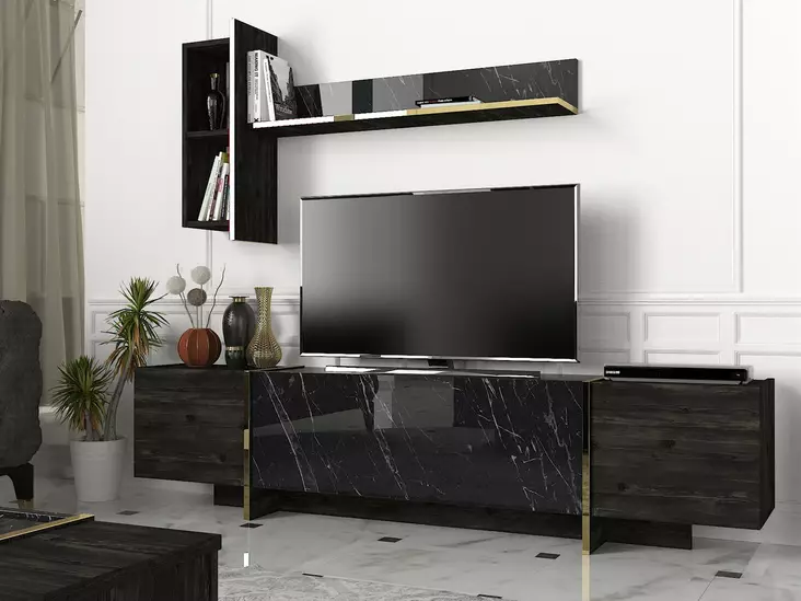 TV-bänk Hanah Home Veyron Svart Guld Spånskiva 180x45x32,3 cm - TV-bänkar - 8681875669893 - 1
