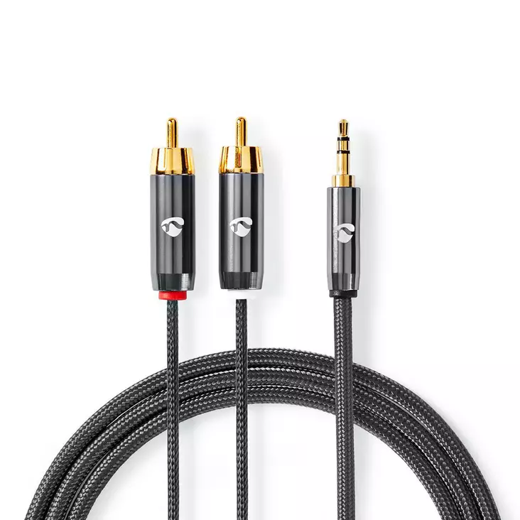 Stereoljudkabel | 3.5 mm Hane | 2x RCA Hane | Guldplaterad | 1.00 m | Rund | Grå / Grått Med Metall | Kartong med täckt fönster - Ljudkablar - 5412810318643 - 1