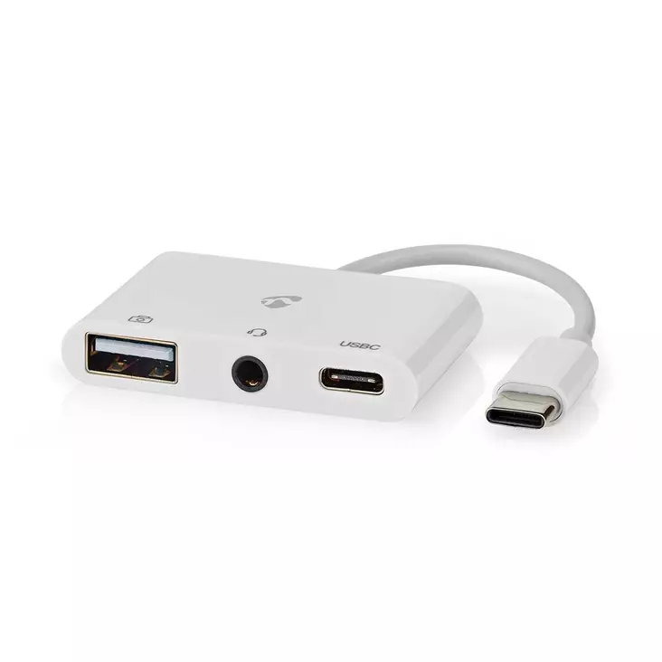 USB Multi-Port Adapter | 3-in-1 | USB 2.0 | USB-C Hane | USB-A Hona / USB-C Hona / 3.5 mm Hona | 480 Mbps | 0.10 m | Rund | Nickelplaterad | PVC | Vit | Låda - Dator och nätverk - 5412810415953 - 1
