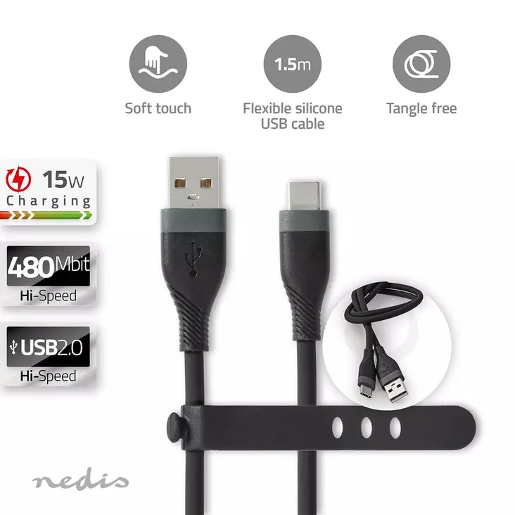 USB-kabel | USB 2.0 | USB-A Hane | USB-C Hane | 15 W | 480 Mbps | Nickelplaterad | 1.50 m | Rund | Silikon | Svart | Låda - Dator och nätverk - 5412810417933 - 1