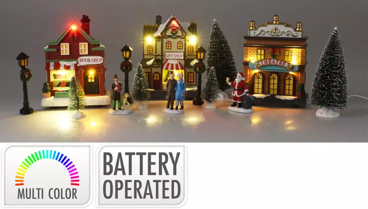 Jullandsby med LED-lampor 14 delar – upplyst hussats, snötäckt prydnadsby och stämningsfull inredning - Juldekorationer och textilier - 8721037049863 - 1