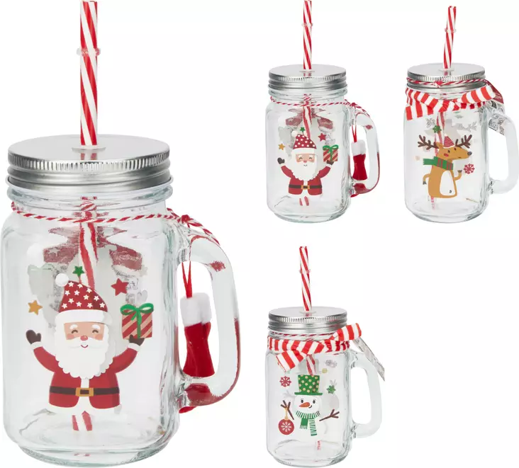 Julmugg glasburk med lock och sugrör 450?ml – glasdrickaburk med handtag och dekorativt band - Juldukning för julen - 8721037495813 - 1
