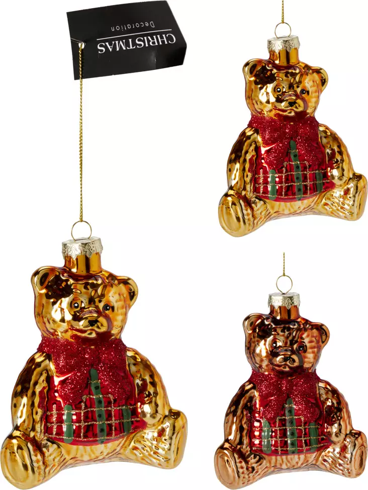 Glasbjörnsberlock till julgranen – gyllene prydnadsbjörn i röd tröja med rosett - Juldekorationer och textilier - 8721037654593 - 1