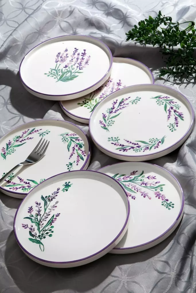 Set med desserttallrikar (6 st), violett, grön, vit, 19 cm, handgjorda, hållbara - Tallrikar - 8683743184323 - 1