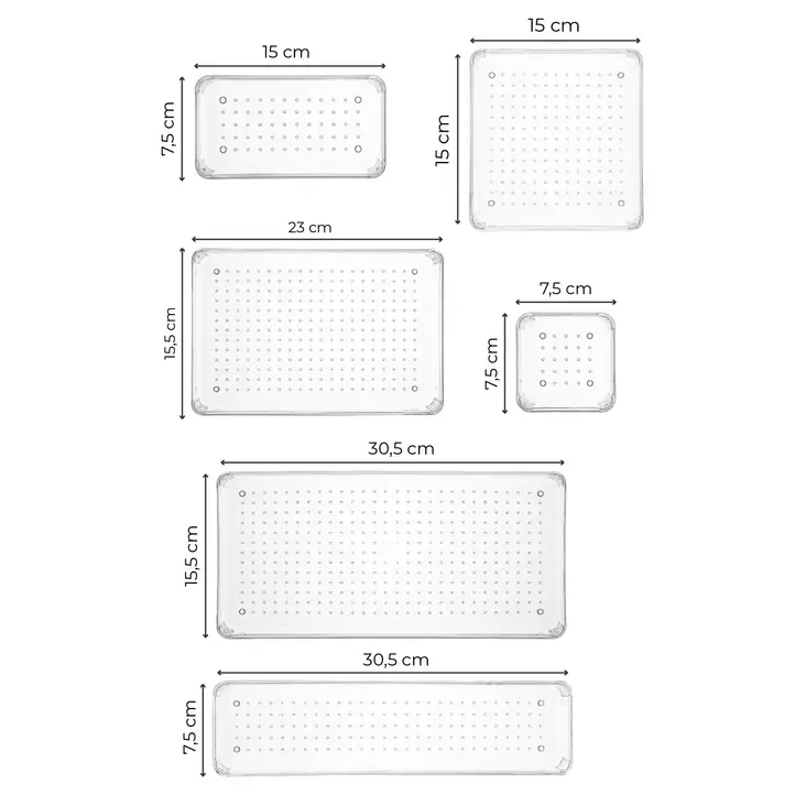 Lådororganisatör Aberto Design SET5 Transparent Plast 30,5x15,5x5,5 cm 23x15,5x5,5 cm 15x7,5x5,5 cm 30,5x7,5x5,5 cm 15x15x5,5 cm 7,5x7,5x5,5 cm - Dekorationer, prydnadsföremål - 8684282977933 - 1