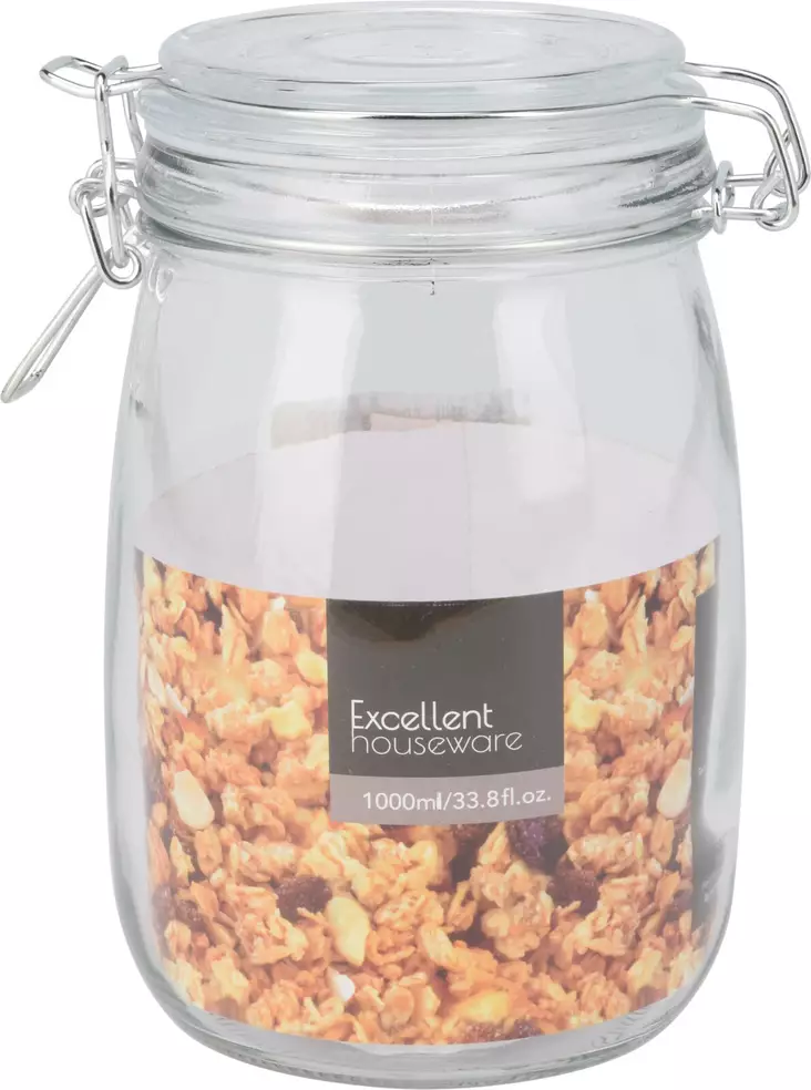 Glasburk med lock 1000ml, silikontätning, metallklämmor - Hushållsprodukter - 8719987106293 - 1
