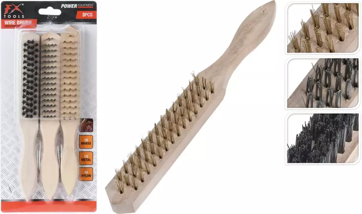 Messingborstset 3 st, trähandtag, nylon, metallborste - Stålborstar - 8719987116803 - 1