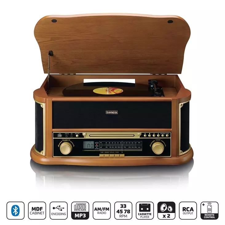 Retro skivspelare i trä med Bluetooth® AM/FM-radio USB-kodning CD-spelare kassettspelare och inbyggda högtalare - Skivspelare och nålar - 8711902082903 - 1