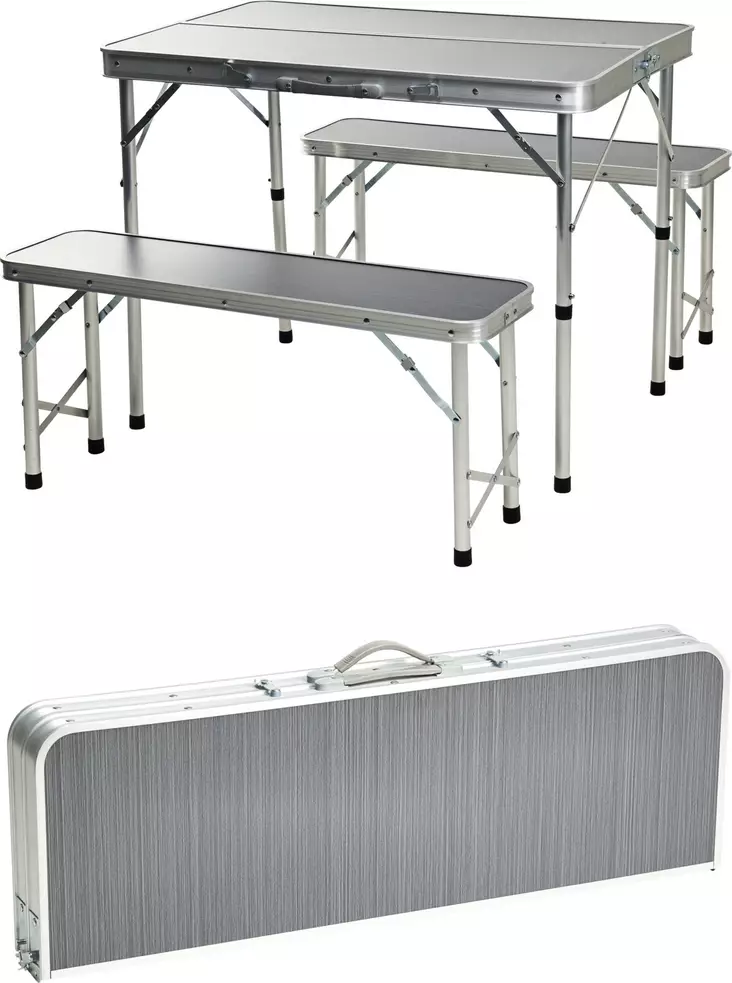 Campingbord och bänkar, hopfällbar, aluminiumram, grå MDF, vattentät, bärväska medföljer - Trädgårdsmöbelgrupper - 8721037375733 - 1