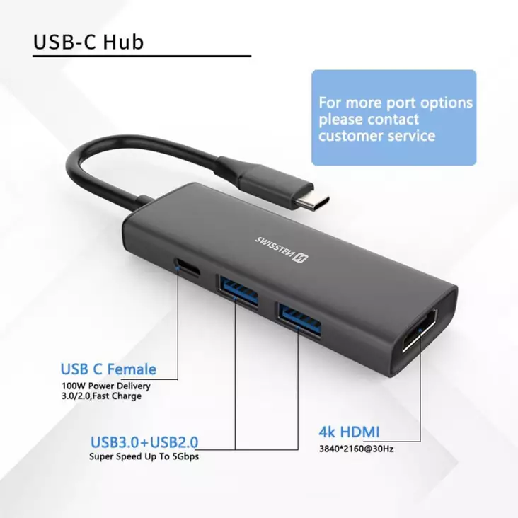 Swissten USB-C Hub 4-in-1 100W  - USB-adaptrar och dockning - 8595217487383 - 1
