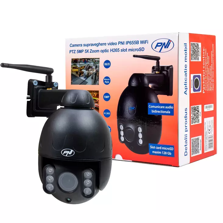 Videoövervakningskamera PNI IP655B 5MP WiFi PTZ 5X H265 optisk zoom, microSD-kortplats, fristående, Night Vision 50m IP66 Rörelsedetekteringslarm Tvåvägs ljudkommunikation - PNI produkter - 5949066517303 - 1