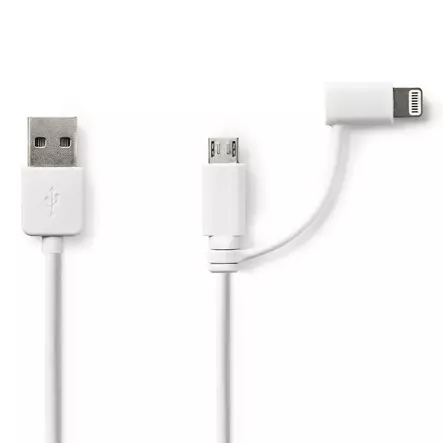 2 i 1kabel | USB 2.0 | USB-A Hane | Apple Lightning, 8-stifts / USB Micro-B Hane | 480 Mbps | 1.00 m | Nickelplaterad | Rund | PVC | Vit | Plastpåse - Blixtkablar - 5412810280094 - 2