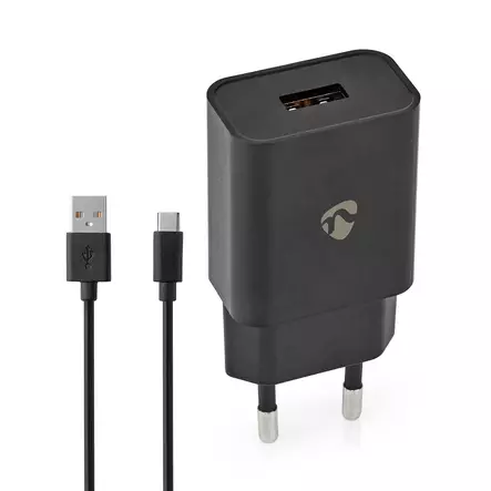 Väggladdare | 12 W | Snabbladdnings funktion | 1x 2.4 A A | Antal utgångar: 1 | USB-A | USB Type-C (Lös) Kabel | 1.00 m | Single Voltage Output | Svart - Nätladdare - 5412810330034 - 1