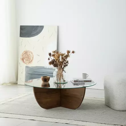 Soffbord Hanah Home Lily Wood Valnöt Härdat Glas Massiv Furu 90x30x90 cm - Soffbord - 8684282140214 - 2