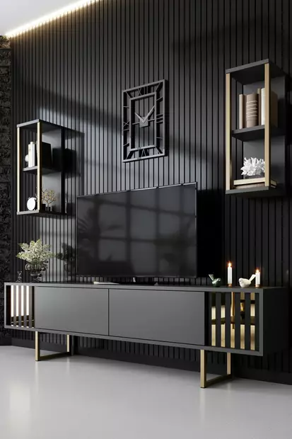 TV-bänk Hanah Home Gold Line Antracit Svart Spånskiva 180x30x48 cm - TV-bänkar - 8683742126164 - 2