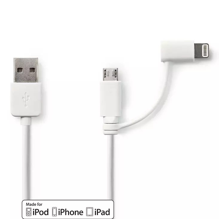 2 i 1kabel | USB 2.0 | USB-A Hane | Apple Lightning, 8-stifts / USB Micro-B Hane | 480 Mbps | 1.00 m | Nickelplaterad | Rund | PVC | Vit | Plastpåse - Blixtkablar - 5412810280094 - 1