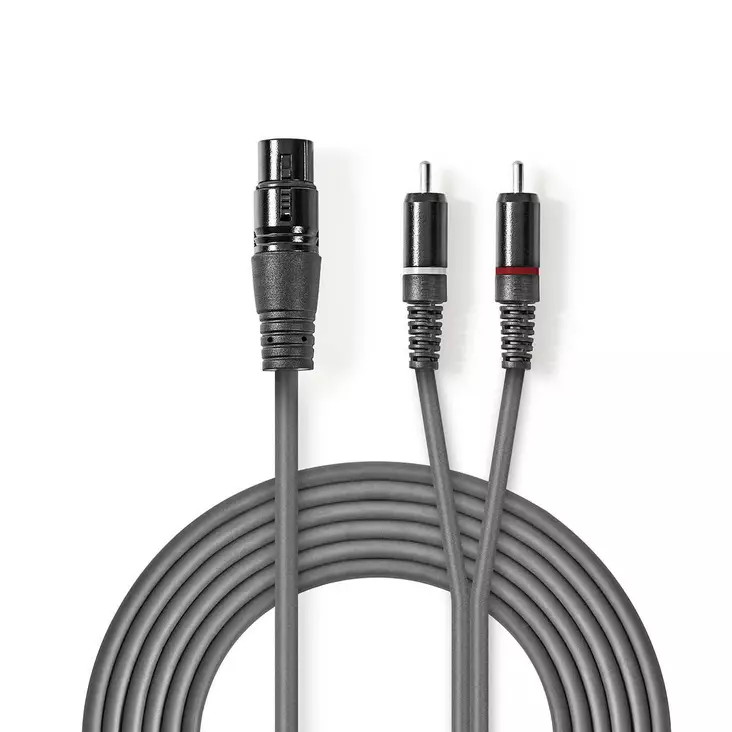 Balanserad ljudkabel | XLR 3-stifts hona | 2x RCA Hane | Nickelplaterad | 3.00 m | Rund | PVC | Mörkgrå | Kartonghylsa - Ljudkablar - 5412810295814 - 1