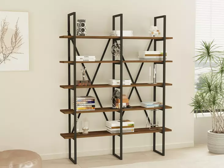 Bokhylla Hanah Home Burgaz Valnöt Spånskiva Metall 126x160x26 cm - Bokhyllor - 8683342050104 - 1