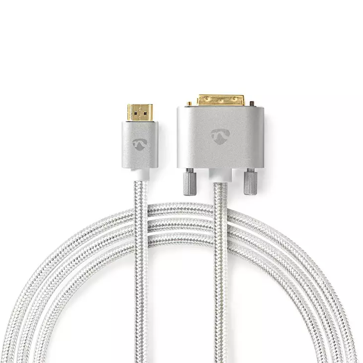 HDMI kabel | HDMI Kontakt | DVI-D 24+1-Pin Hane | 2560x1600 | Guldplaterad | 2.00 m | Rak | Flätad | Silver | Kartong med täckt fönster - HDMI-kablar - 5412810333264 - 1
