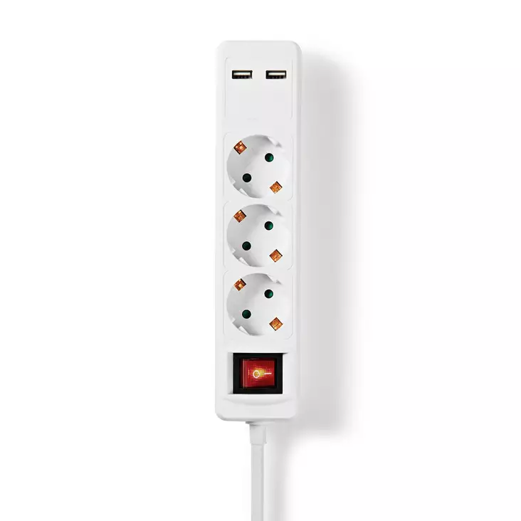 Gren kontakt | Jordad kontakt / Typ F (CEE 7/7) | 3-vägs | 1.50 m | 3680 W | 16 A | USB-anslutning | På / av-knapp | Vit - Förlängningskablar - 5412810323234 - 1