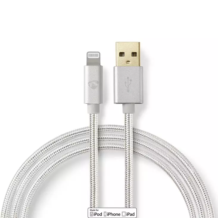 Lightning Kabel | USB 2.0 | Apple Lightning, 8-stifts | USB-A Hane | 480 Mbps | Guldplaterad | 1.00 m | Rund | Flätad / Nylon | Aluminium | Kartong med täckt fönster - Blixtkablar - 5412810262564 - 1