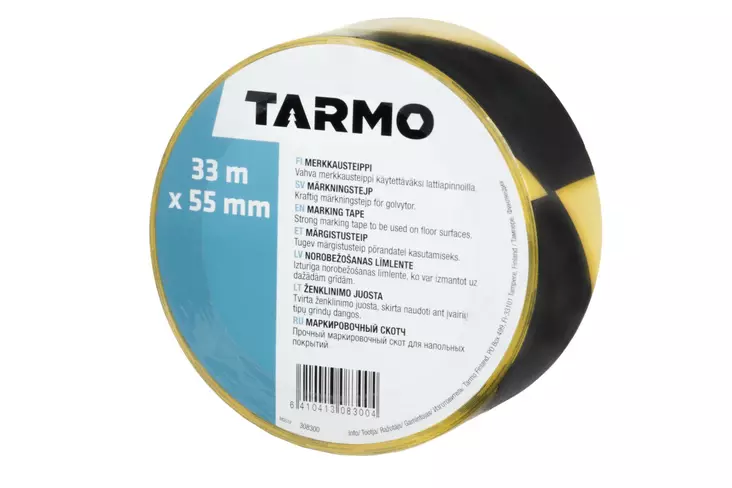 Merkkausteippi keltamusta 50mm x 33 m - Byggtejp - 6410413083004 - 1