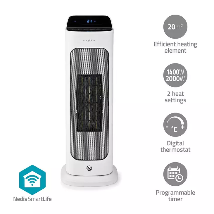 SmartLife Keramisk PTC Fläktvärmare | 2000 W | 2 Värmeinställningar | Svängning | Display | 10 - 49 °C | Android / IOS | Vit - Uppvärmning - 5412810443154 - 1