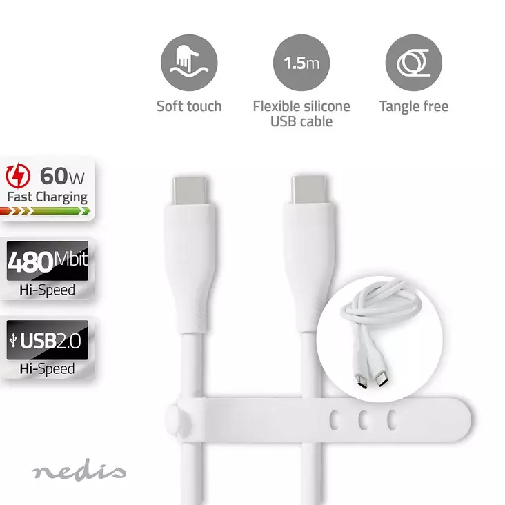 USB-kabel | USB 2.0 | USB-C Hane | USB-C Hane | 60 W | 480 Mbps | Nickelplaterad | 1.50 m | Rund | Silikon | Vit | Låda - Dator och nätverk - 5412810417964 - 1