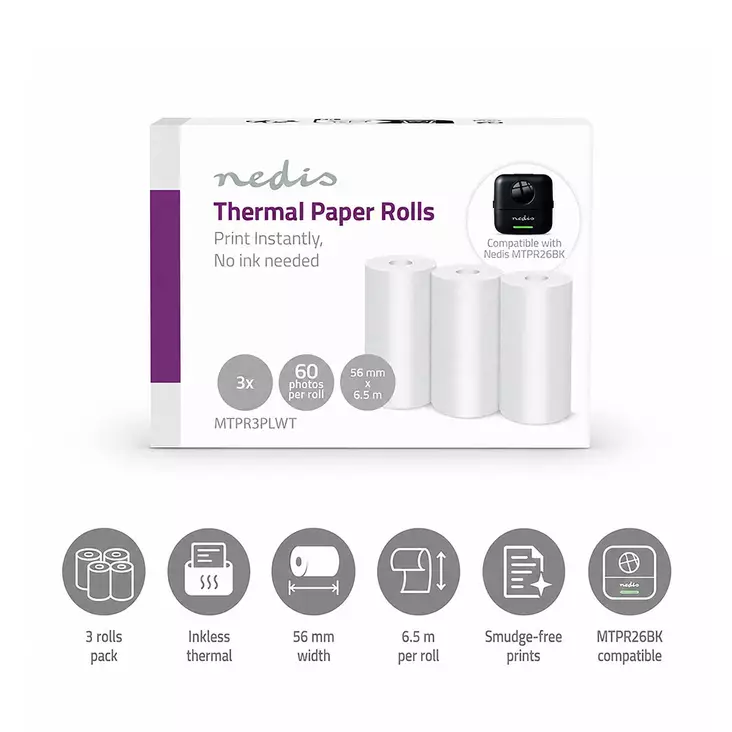 Printer Rolls | Thermal Paper | 6,5 m | 56 mm | 3 pcs | White - Nedis produkter - 5412810481484 - 1
