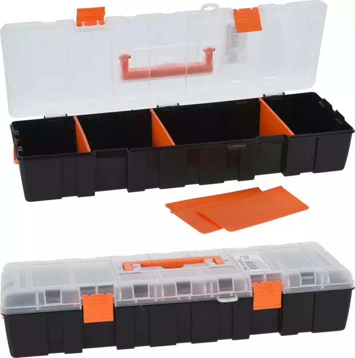 Mångsidig plastverktygslåda 46x17x9 cm, svart-orange, justerbara fack och bärhandtag - Verktygslådor och -väskor - 8720573534444 - 1