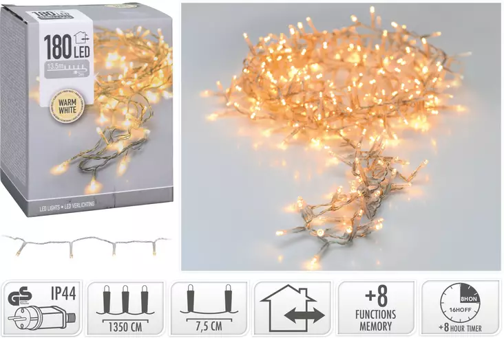 LED Julbelysning För Utomhusbruk 180 Varmvit LED, 13,5m Ljusserie, Timer och 8 Funktioner - Ljusslingor - 8721037226684 - 1