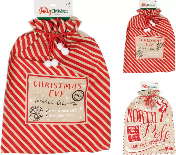 Julklappssäck 50x70 cm – traditionell rödbeige tygpåse i jultomtens poststil, med dekorativa bollar - Juldekorationer och textilier - 8721037527774 - 1