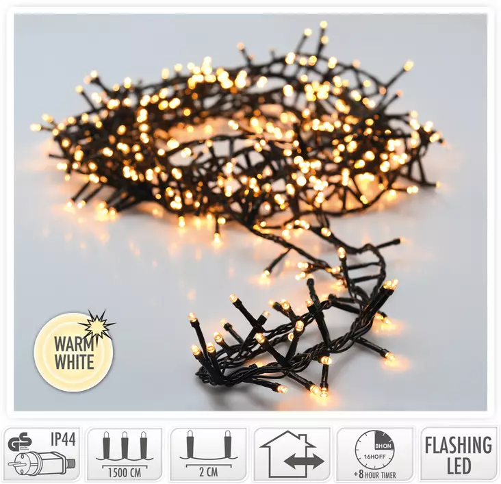 LED Julbelysning 15m 750 Varm Vit Blink Timer IP44 Inomhus Utomhus Användning Energisparande - Ljusslingor - 8721037682244 - 1
