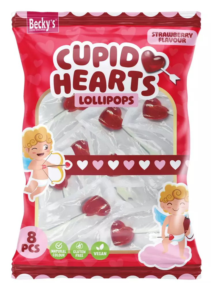 Hjärtformade klubbor med jordgubbssmak 8-pack 96 g - Godis - 8713305821684 - 1