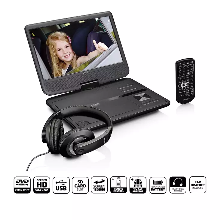 Bärbar 10" DVD-spelare med USB -Hörlurar-upphängningsfäste Svart - TV-apparater och mediaspelare - 8711902037934 - 1