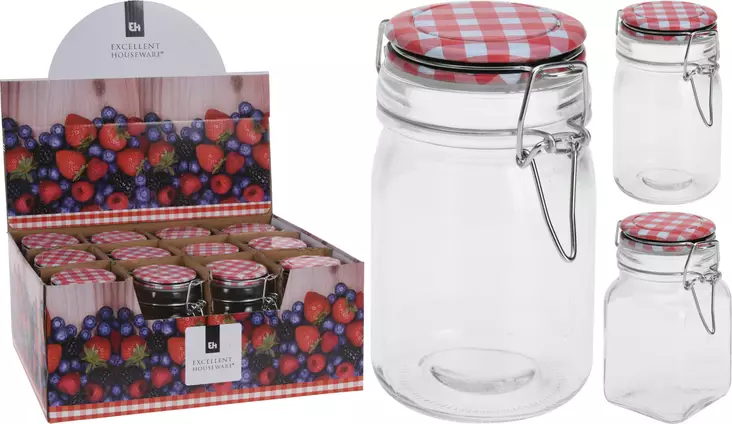 Glasförvaringsburk 250 ml med rödvitrutigt lock och metallfäste - Matfrysning och konservering - 8719202392364 - 1