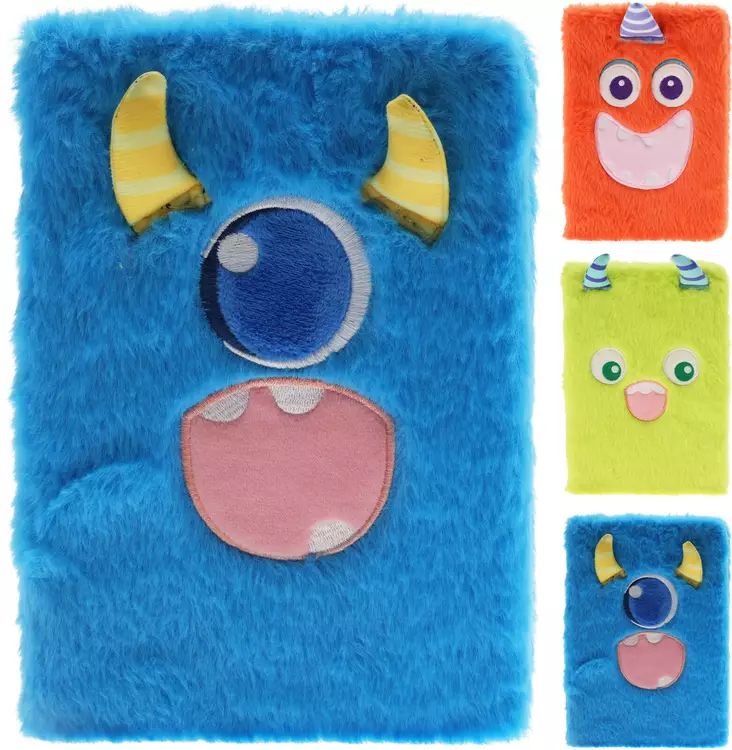 Monster-tematisk mjuk pälsig anteckningsbok - blå, orange eller grön, 80 sidor - Anteckningsböcker och papper - 8721037358484 - 1