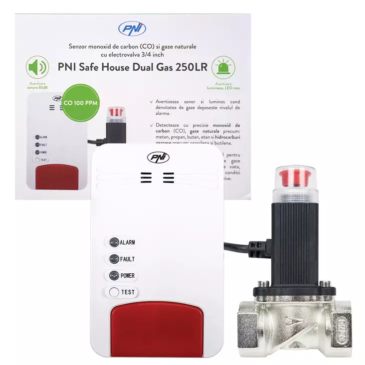 PNI Safe House Dual Gas 250LR gassensor och magnetventilsats med 2 kolmonoxid (CO) och naturgassensorer och 3/4 tums magnetventil - PNI produkter - 5949066524554 - 1