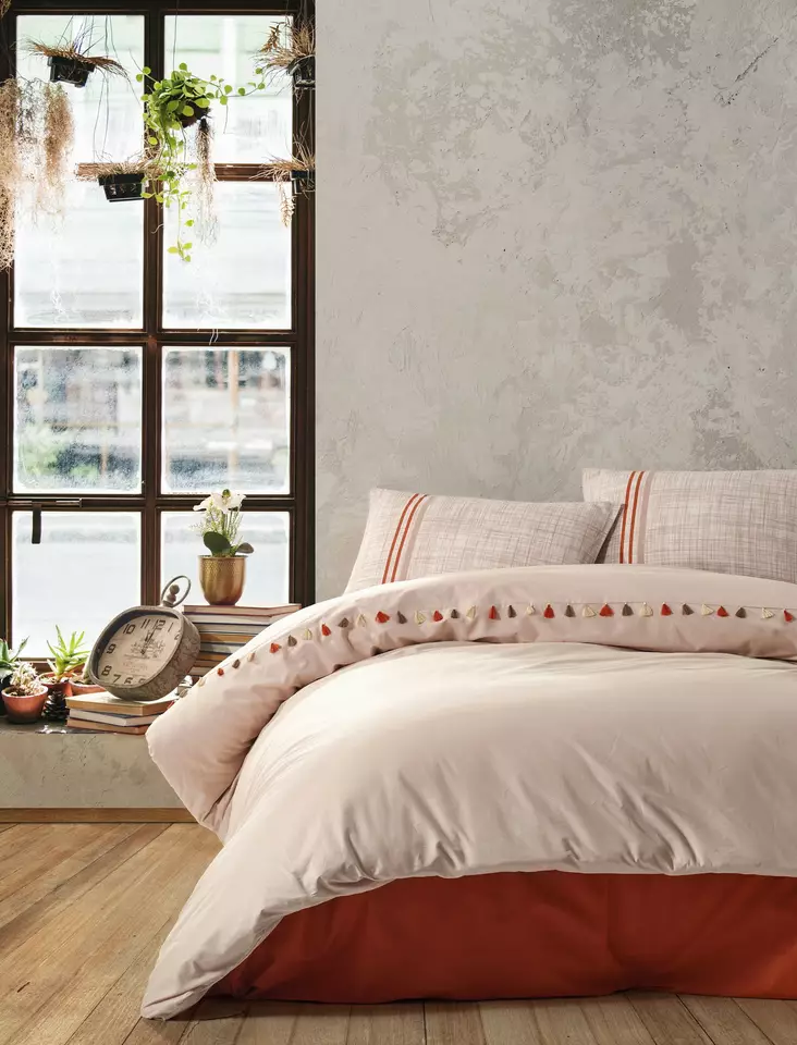 Renforcé påslakanset för dubbelsäng, beige, tegelröd, mink, 200 x 220 cm, andningsbar, slitstark - Lakan och örngott - 8682870694484 - 1