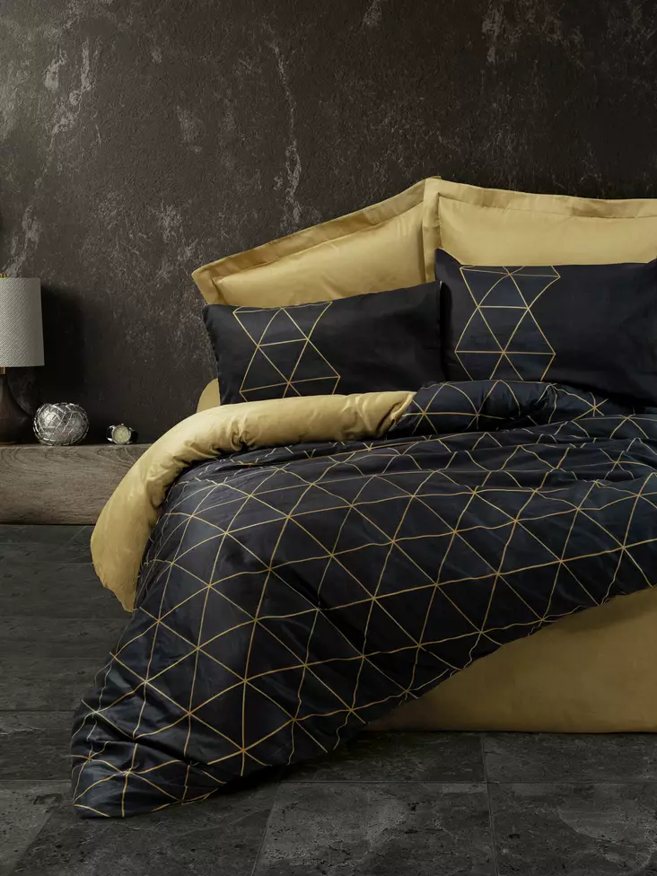 Renforcé påslakanset för dubbelsäng, guld/svart, 200 x 220 cm, mjukt, hållbart, lättskött - Lakan och örngott - 8683743424474 - 1