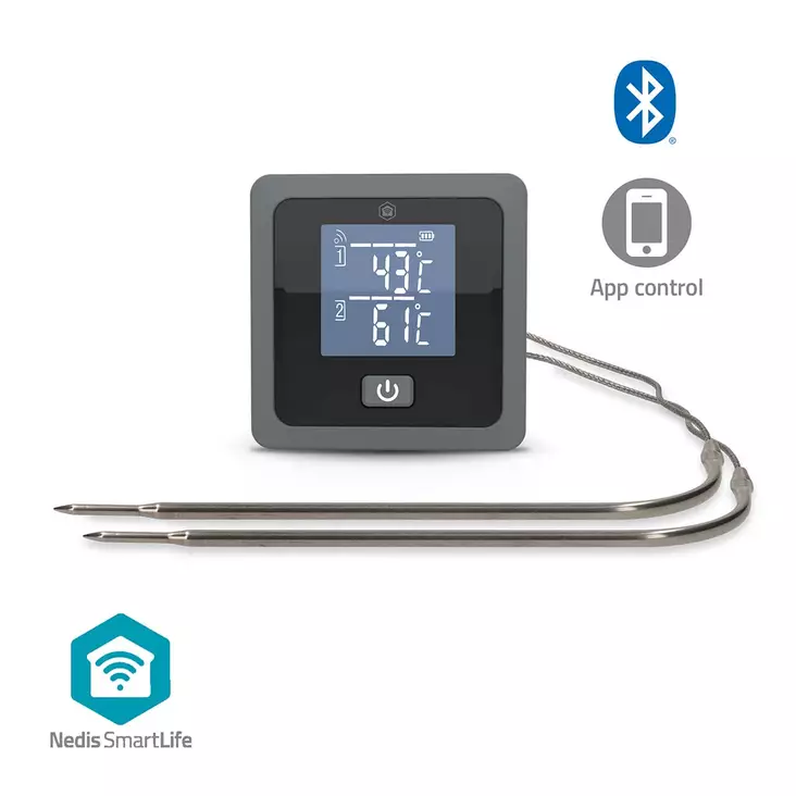 SmartLife kötttermometer | Buzzer / Push notification | Bluetooth® | Timer | LCD | Antal prober: 2 | 1.20 m | Clips för prober | Nedis® SmartLife | Grå - Köksredskap och matlagning - 5412810475094 - 1