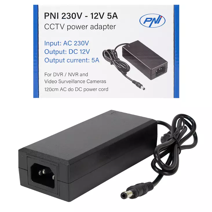 Strömförsörjning PNI CCTV 230V, ingång 230V, utgång 12V, 5A, 2 meter, svart - PNI produkter - 5949066536434 - 1