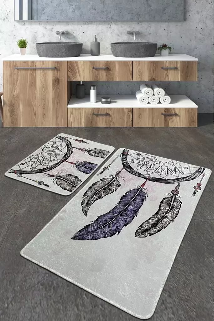 Badrumsmatta Set Mijölnir Flerfärgad 100% Polyester Antibakteriell Halkfri 50x60 cm & 60x100 cm - Badrumsmattor och våtrumsmattor - 8683342396714 - 1