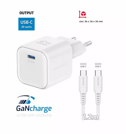 Laddare | 20 W | 1x USB-C / DATA CABLE USB-C/USB-C | Vit | Swissten - Nätladdare - 8595217484375 - 1
