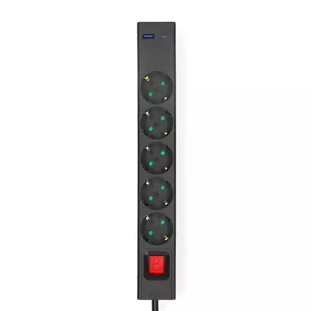 Gren kontakt | Jordad kontakt / Typ F (CEE 7/7) | 5-vägs | 1.50 m | 3680 W | 16 A | USB-anslutning | På / av-knapp | Svart - Förlängningskablar - 5412810481675 - 30