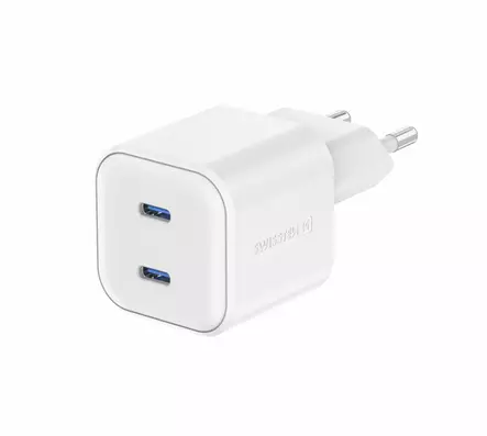 Swissten GaN 2xUSB-C 20W-laddare, vit - Nätladdare - 8595217487185 - 1