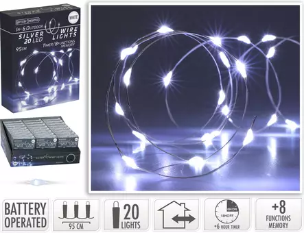 Silvertråd LED-ljusslinga 20 kalla vita mikrolampor, batteridriven med timer och 8 funktioner - Ljusslingor - 8720573662505 - 1