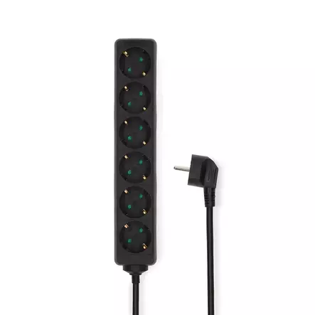 Gren kontakt | Jordad kontakt / Typ F (CEE 7/7) | 6-vägs | 1.50 m | 3680 W | 16 A | Typ av jordning: Sidkontakt | 230 V AC 50/60 Hz | Uttagsvinkel: 45 ° | H05VV-F 3G1.5mm² | Svart - Förlängningskablar - 5412810465965 - 30