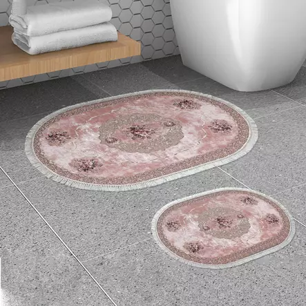 Badrumsmatta Set Mijölnir Puderrosa 100% Polyester Halkfri Antibakteriell 50x60 cm & 60x100 cm - Badrumsmattor och våtrumsmattor - 8683342421225 - 2